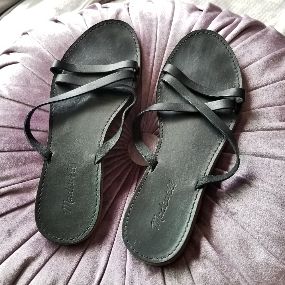 Madewell Black The Boardwalk Skinny-strap Slide Leather Sandals size 10